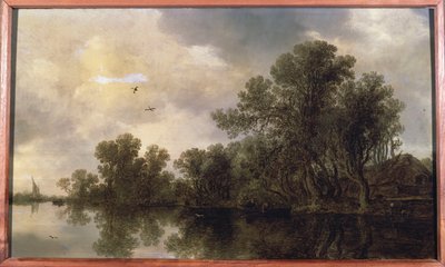 A Wooded River Landscape, with Peasants in a Rowing Boat by a Cottage and a Ferry, a Sailing Boat in the Distance, 1633 by Jan Josephsz van Goyen