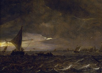 Fishing boats in an estuary at dusk, with a view of a city and its bell tower on the horizon by Jan Josephsz van Goyen