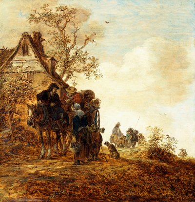 Peasants in a Cart by a Cottage by Jan Josephsz van Goyen