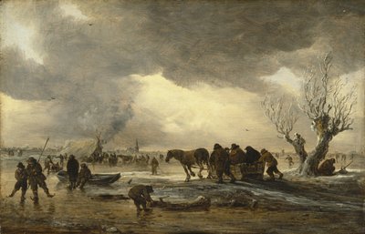 Winter scene with a sledge in the foreground and figures gathering round a tent on the ice by Jan Josephsz van Goyen