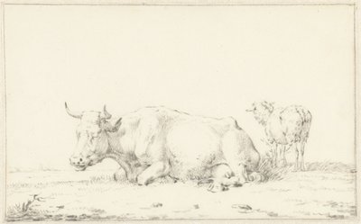 Lying Cow Facing Left and a Sheep on the Right by Jan Kobell (II)