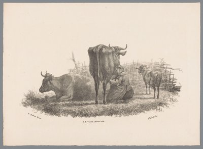 Milking farmer, two cows and a ram (series title: Animal Studies by J. Kobell after Paul Potter No. 1) by Jan Kobell (III)