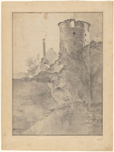 View of an Italianate Round Tower by a Ruined Wall by Jan Lapp
