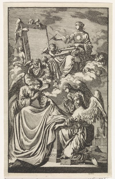 Allegorical Female Figure Writing on a Panel in the Clouds by Jan Luyken