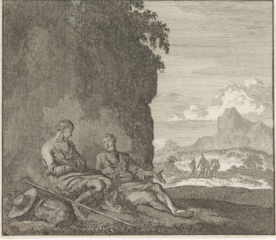 Emblem: Shadow, Two Travelers Resting in the Shadow of a Rock by Jan Luyken