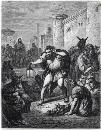 Esop and Christ: the Greek writer Esop (Esop or Esopus, 6th century BC), with a lantern in his hand, crosses a walk among characters with heads of animals in search of a man. Behind him we see Jesus Christ. Illustration inspired by the fable Esope a un by Jan Luyken