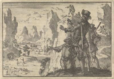 Armed Spaniards Looking Down from Rocks at Wild People, ca. 1600 by Jan Luyken