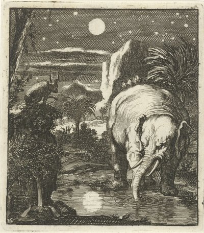 Hare and Elephant with Full Moon at a Water Source by Jan Luyken
