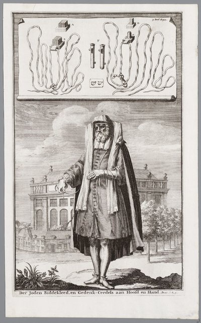 Jewish man, dressed for prayer. On the background the Portuguese Synagogue of Amsterdam by Jan Luyken