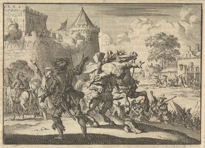 Imperial Commander Dampier Falls from His Horse After Being Shot from the Walls of Presburg (Bratislava), 1620 by Jan Luyken