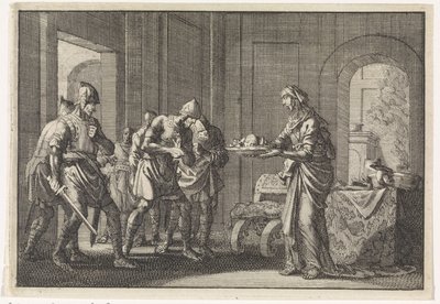 Mother shows warriors the remains of her eaten child during the famine in Jerusalem by Jan Luyken