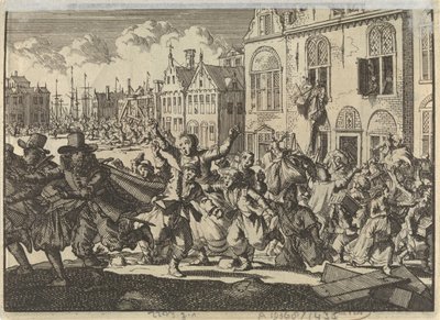 Riot in Enkhuizen where the houses of vice-admirals Kwast and Turk are destroyed, 1635 by Jan Luyken