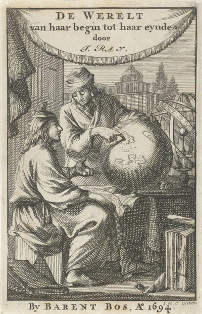 Two Men Studying a Globe (Title Page for: J. Ray, The World from Its Beginning to Its End, 1694) by Jan Luyken