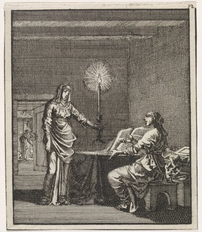 Woman Lights a Reading Woman in a Dark Room with a Candle by Jan Luyken