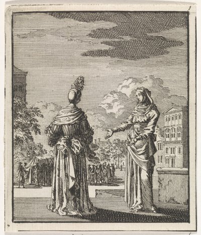 Woman Pointing Lady to a Passing Funeral Procession by Jan Luyken