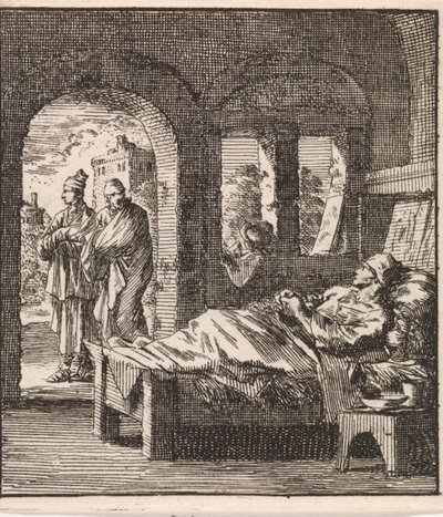 Sick Man Lying Alone in Bed While Two Men Walk by Outside by Jan Luyken