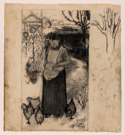 Annie Mankes-Zernike Feeding Chickens, Right: Studies of a Tree and Chickens by Jan Mankes