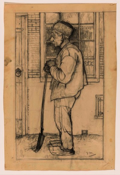Douwe in Profile, Standing with a Spade in Front of a House by Jan Mankes