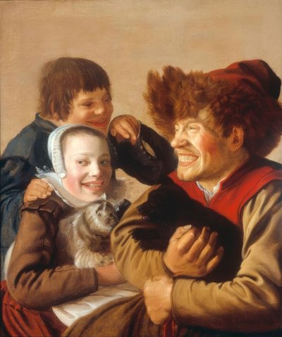A Man Baring His Teeth with a Dog and a Girl with a Cat by Jan Miense Molenaer