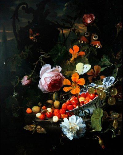 A still life of strawberries in a bowl and flowers by Jan Mortel