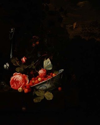 Still Life of Wild Strawberries, a Rose and a Glass Bottle by Jan Mortel