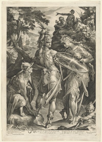 Minerva and Mercury Arming Perseus by Jan Muller, after Bartholomaeus Spranger
