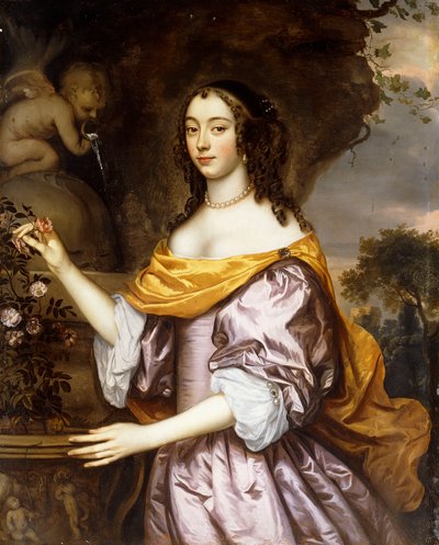 Portrait of a Lady, standing three-quarter length, wearing a Lavender Silk Dress and a Yellow Shawl by Jan Mytens