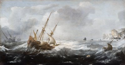 Ships in a Storm on a Rocky Coast by Jan Porcellis