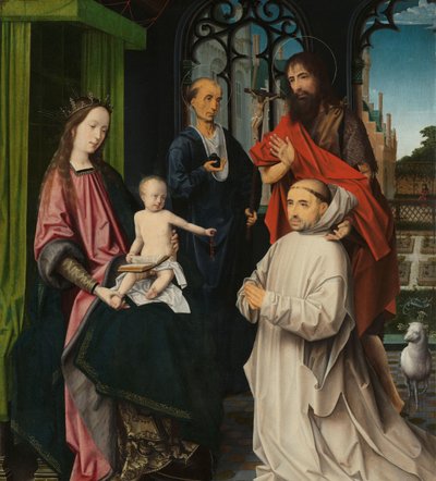 Virgin and Child Enthroned, with Saints Jerome and John the Baptist and a Carthusian Monk by Jan Provoost (attributed to)