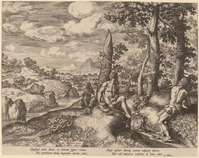 Landscape with Three Nude Men and a Dog by Jan Sadeler I after Gillis Mostaert