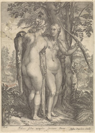 Diana and a Nymph Before a Tree (series title: Diana and Her Nymphs) by Jan Saenredam