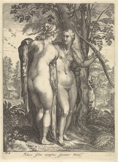 Diana and a Nymph Before a Tree (series title: Diana and Her Nymphs) by Jan Saenredam