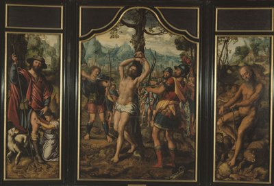 Triptych of the Martyrdom of Saint Sebastian (center panel): Saint Roch (left panel), Saint Onuphre (right panel), Saint Peter (reverse of right panel), Saint Stephen (reverse of left panel), between 1525 and 1566 by Jan Sanders van Hemessen