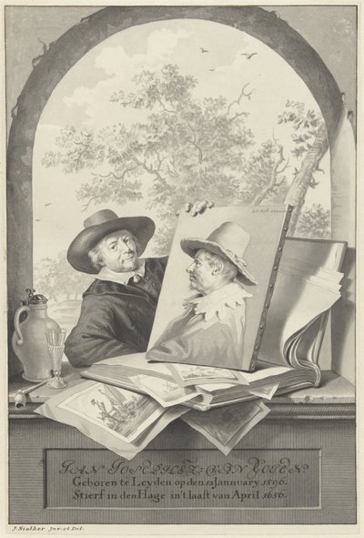 Man with a Portfolio of Drawings and a Portrait of Jan van Goyen by Jan Stolker