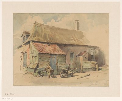 Peasant House with Wooden Extension, with a Wheelbarrow and a Grindstone in Front by Jan Striening
