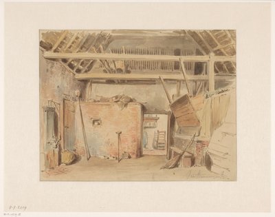 Interior of a barn with view into the kitchen by Jan Striening
