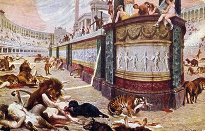 Postcard depicting the bloody games in the arena in Rome, illustration from 