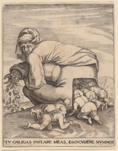 The Man with the Moneybag and His Flatterers by Jan Theodor de Bry after Pieter Bruegel the Elder
