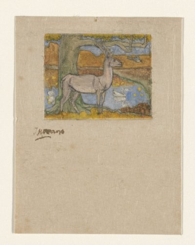 Deer by a Tree in Front of a Pond by Jan Toorop (signed by artist)