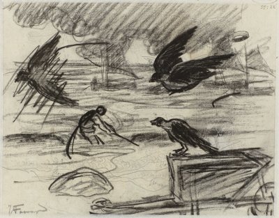 Seascape with Fisherman, in the Foreground a Wheelbarrow with Birds by Jan Toorop