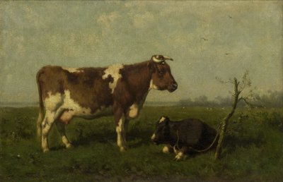 A Cow with her Calf in a Meadow by Johannes Martinus Vrolijk