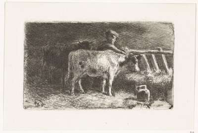 Farmer Between Two Cows by a Trough in a Stable (Small Variant) by Johannes Martinus Vrolijk