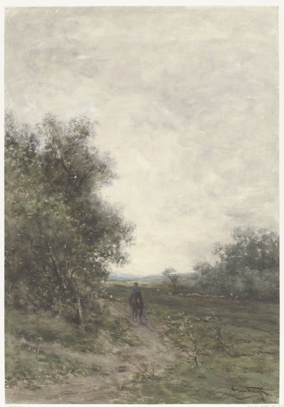 Landscape with a Rider and a Flock of Sheep with Shepherd by Johannes Martinus Vrolijk