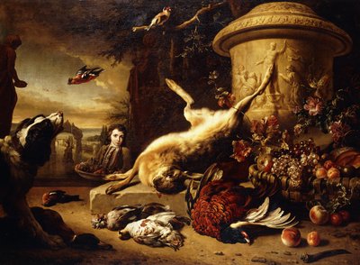 A dead Hare on a plinth by a sculpted Urn with a Basket of Fruit, a dead Pheasant, Mallard, Grouse, Jay and Chaffinch, a Dog watching a Goldfinch and a Boy bearing a Basket of Fruit in a Park by Jan Baptist Weenix