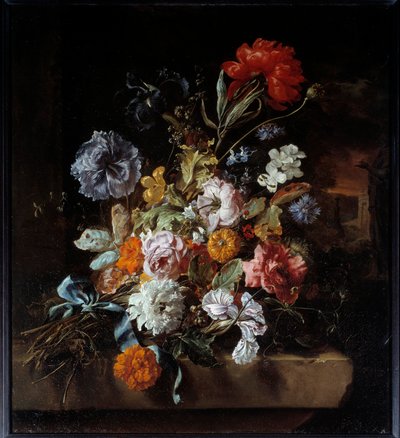 Bouquet of Flowers Deposited on a Stone Bench by Jan Baptist Weenix