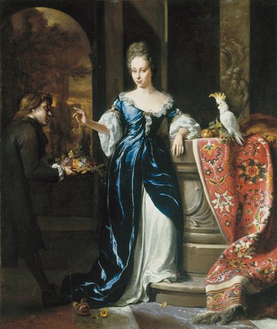 Portrait of Lodewina Schey in a Blue Dress, with an Attendant Bearing Flowers by Jan Baptist Weenix