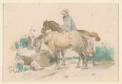 Farmer with Two Horses at a Water Trough by Jan Weissenbruch