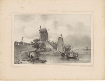 View of River with Sailboat and Mill by Jan Weissenbruch