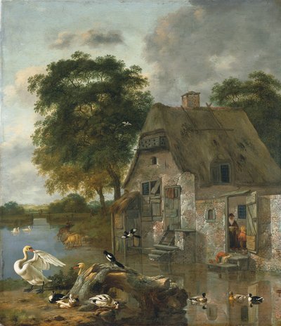 Swans, ducks and other birds in front of a cottage by the water by Jan Wijnants