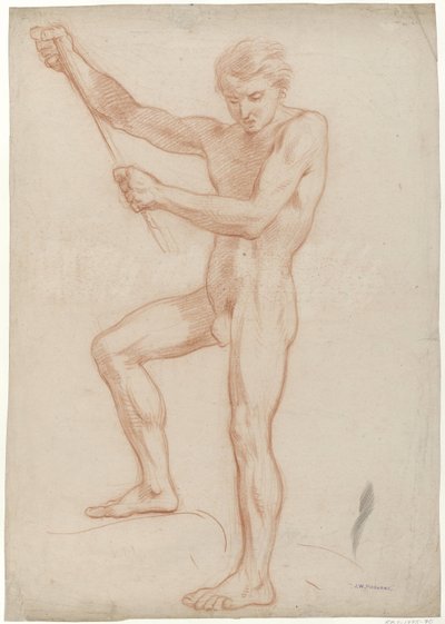 Standing Male Nude Holding a Stick with Raised Arms by Jan Willem Pieneman